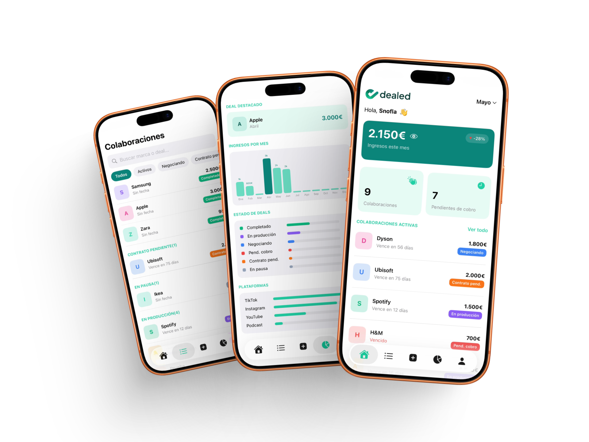 Dealed app — tres pantallas